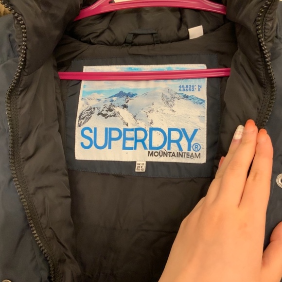 [SUPERDRY] black waterproof down jacket faux fur women size 8 (M) feather parka - Picture 5 of 11